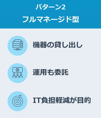 フルマネージド型:機器の貸し出し、運用も委託、IT負担軽減が目的