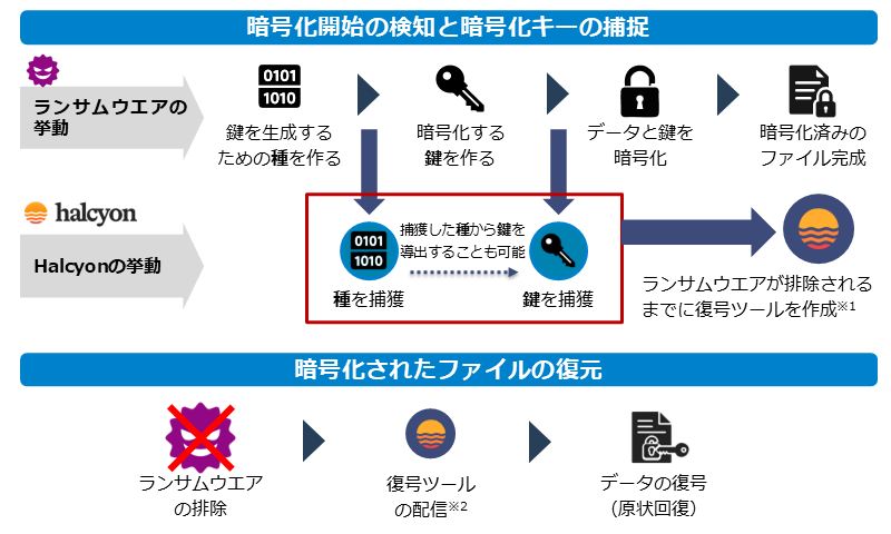 Halcyonの独自技術による暗号化データの復号の概要図